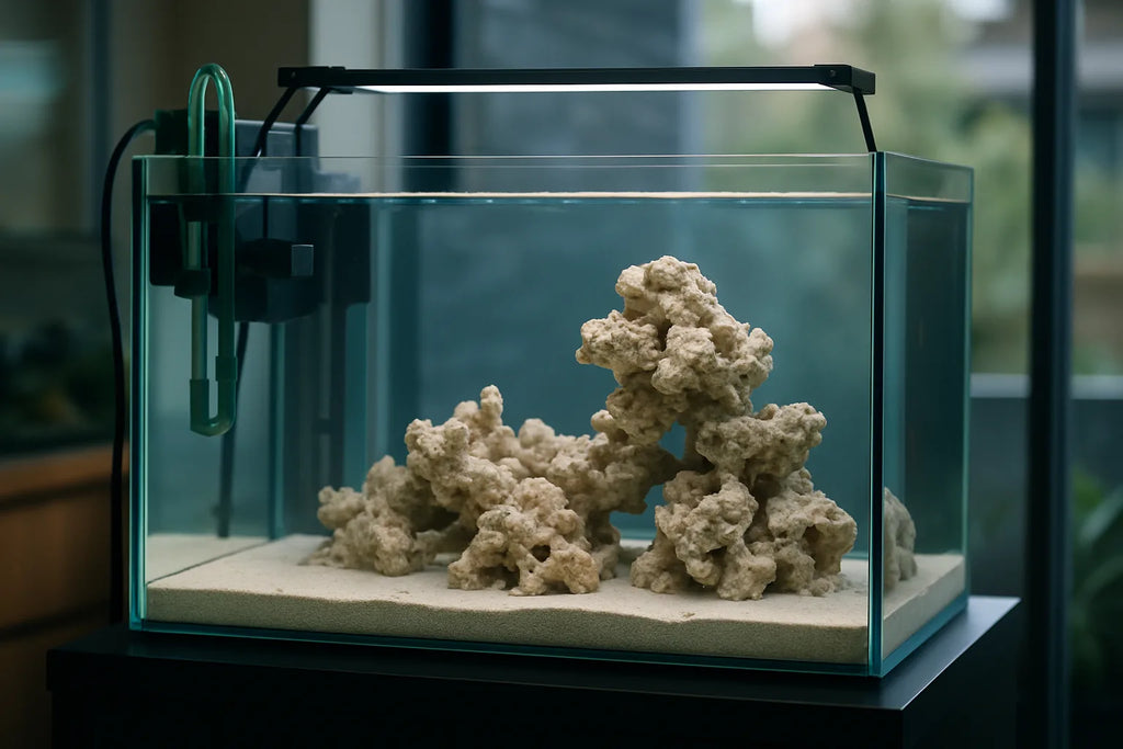 A glass reef aquarium with bare rock structures and clear water during the early cycling stage, softly lit from above