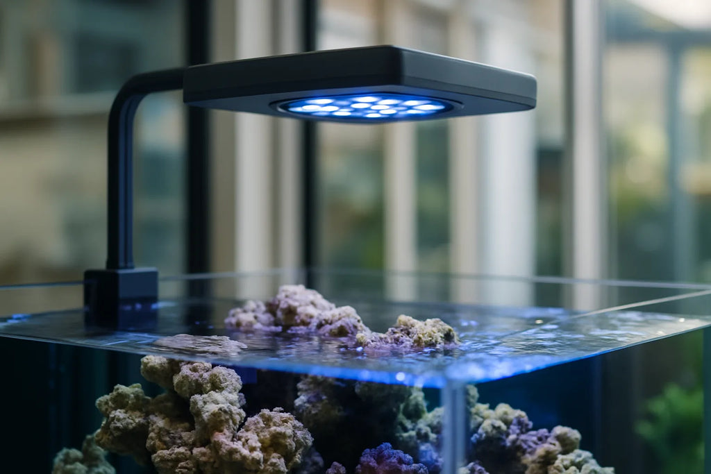 AI Hydra 32 HD LED fixture mounted above a reef aquarium showing blue and white light spread across coral