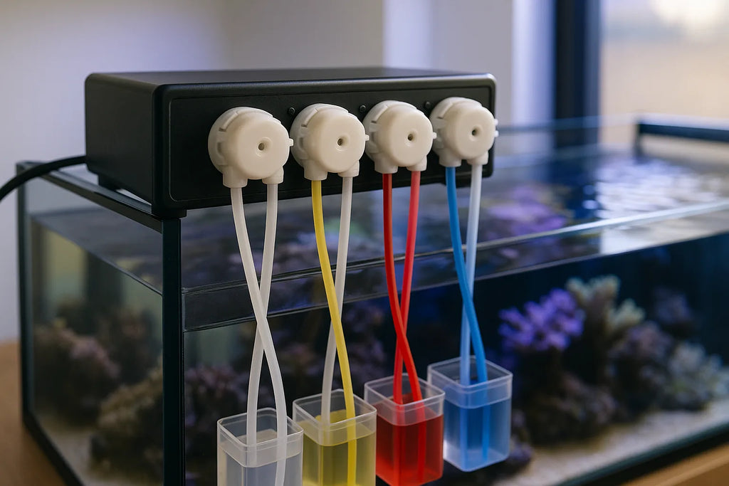 Kamoer dosing pump with multiple tubing lines feeding into a reef aquarium sump