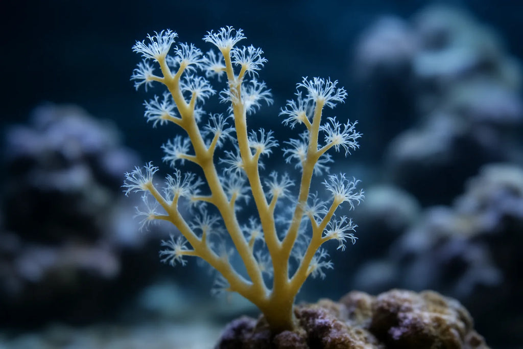 A branching photosynthetic gorgonian with polyps extended in a reef aquarium under moderate lighting