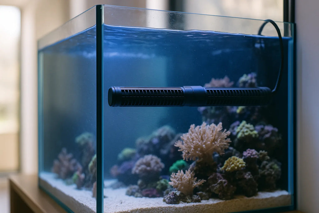 A gyre-style wavemaker mounted inside a reef aquarium producing a wide sheet of laminar water flow across coral colonies