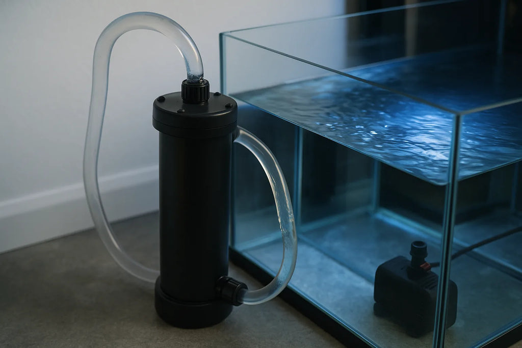A UV steriliser unit plumbed into an aquarium sump with water flowing through clear tubing