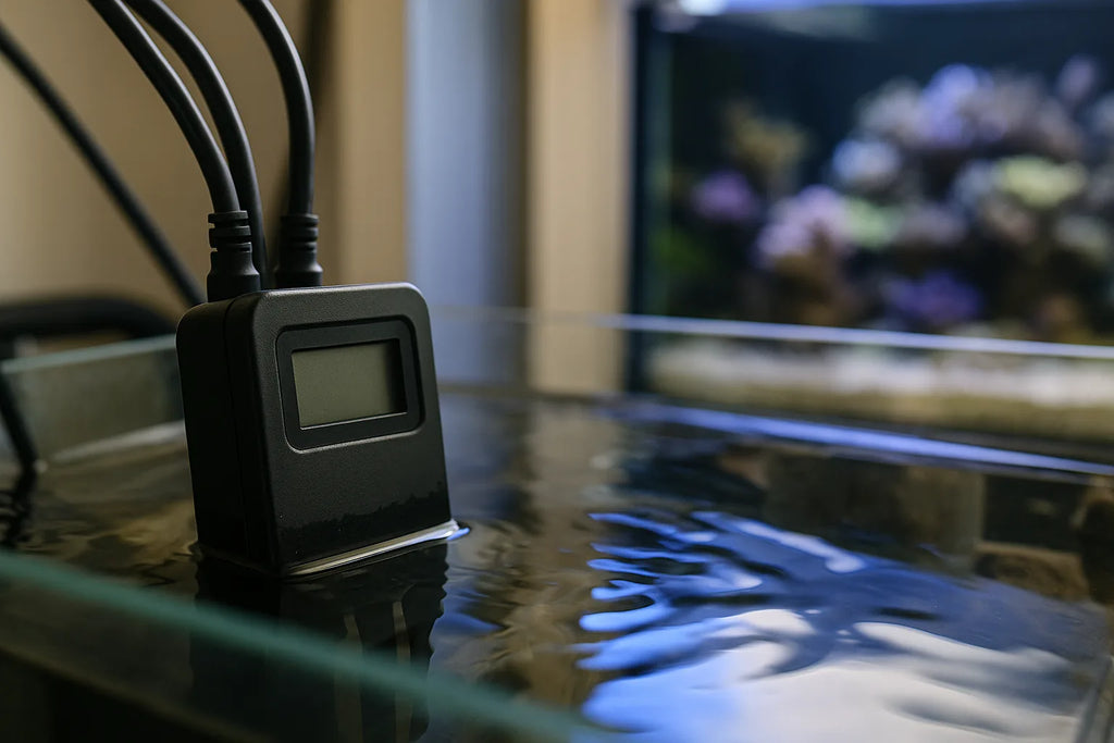 A Seneye monitor slide sitting in a reef aquarium sump beside cables and probes