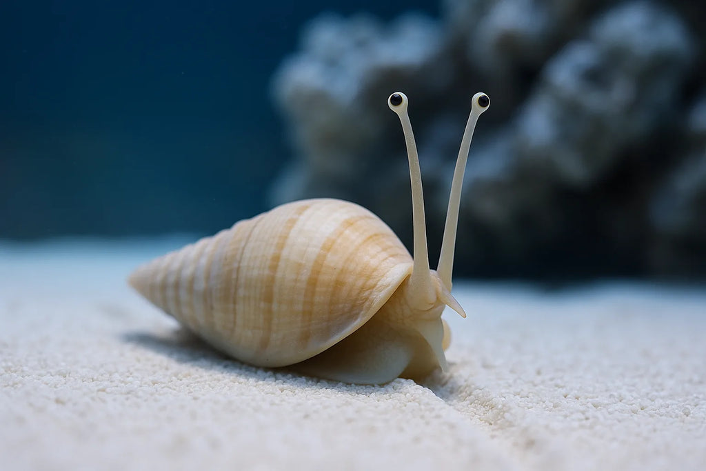 A stromb snail with its long eyestalks extended, moving across a sand bed in a reef aquarium