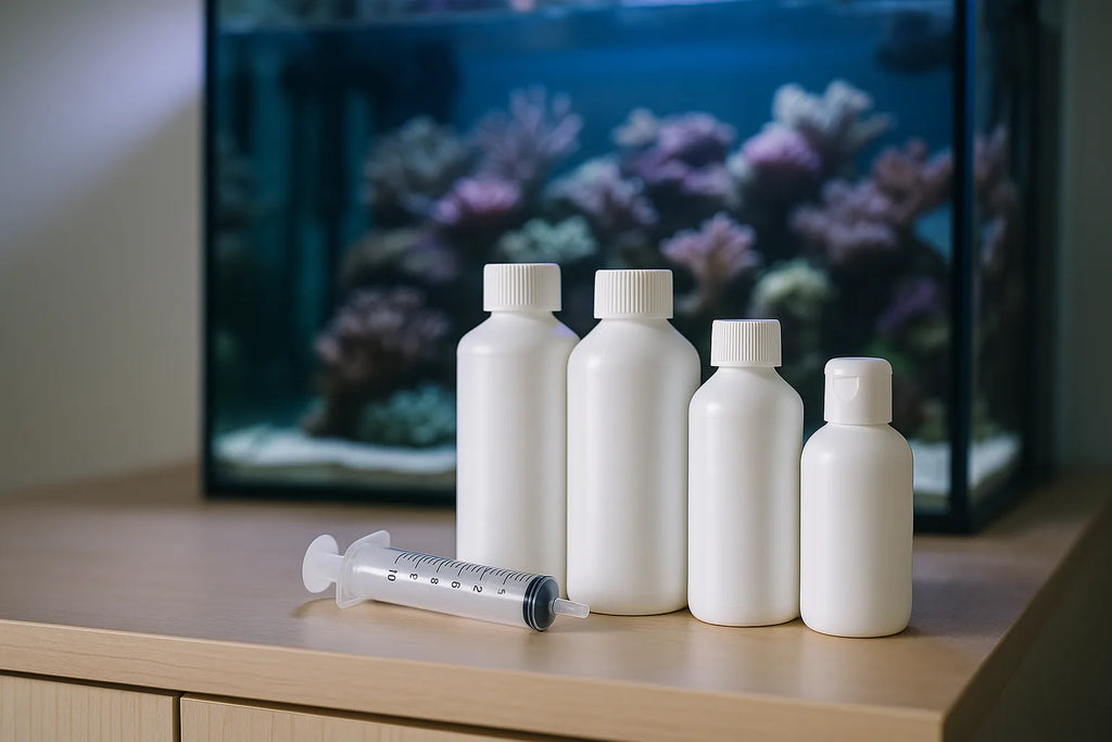 Bottles of reef supplement solutions and a syringe beside a reef aquarium sump