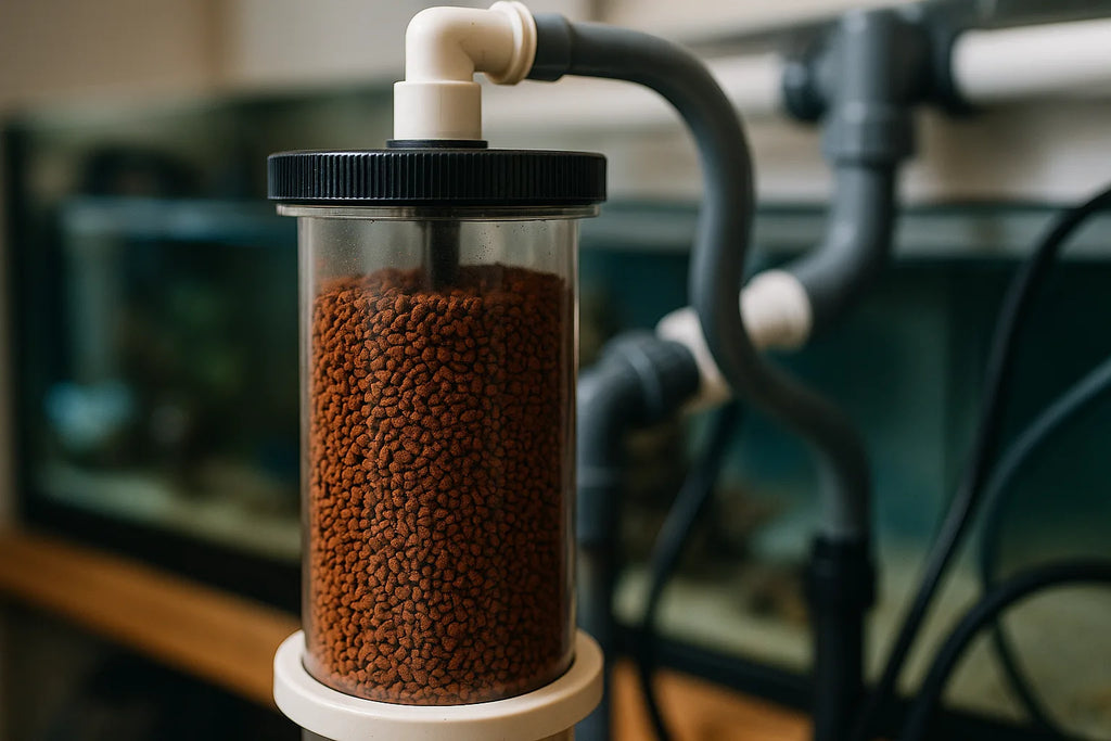 Granular ferric oxide phosphate remover media in a reactor chamber next to reef tank plumbing