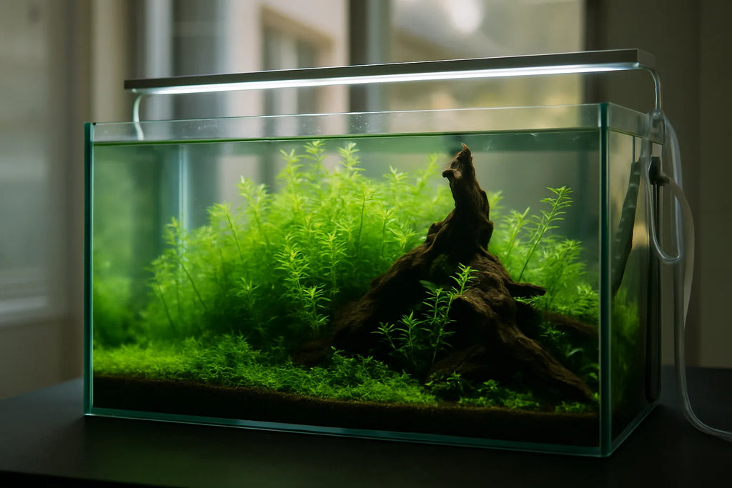 A lush low-tech planted aquarium with dense green stem plants and driftwood under soft LED light