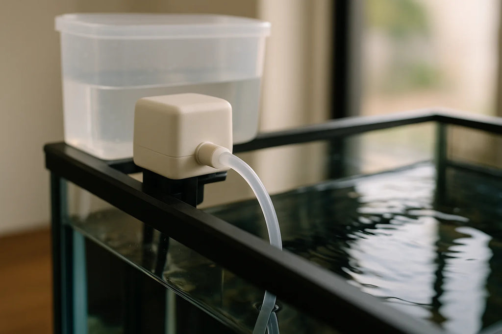 Close up of a small auto top off pump and tubing sitting beside a reef aquarium sump with clear RO water reservoir