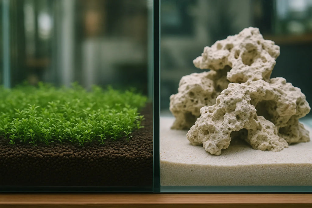 Split view of dark aquasoil substrate in a planted tank beside white aragonite sand in a reef tank