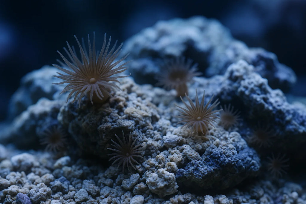 Close up of aiptasia anemones spreading across live rock in a reef aquarium