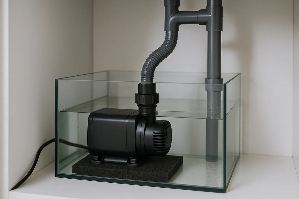 A return pump sitting in a sump with soft foam matting under it and tidy plumbing