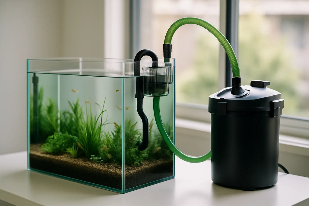 An inline aquarium heater plumbed into clear tubing beside a sump, with water flowing through the chamber