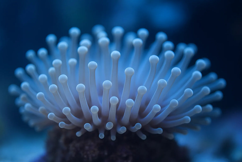 Close-up of a Goniopora flowerpot coral with extended sweeper tentacles swaying in gentle aquarium flow