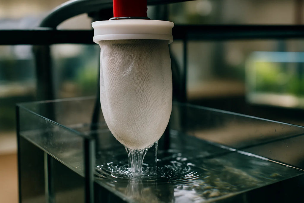 Close up of a white mesh filter sock hanging in a sump chamber with water flowing through it