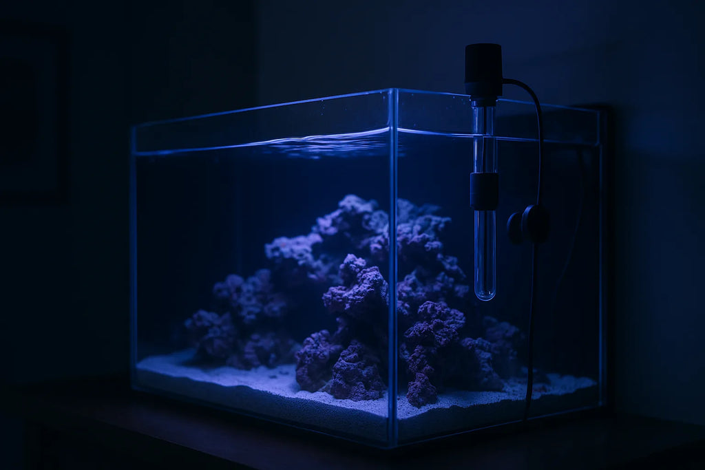 A glass reef aquarium at night with a heater and controller probe visible near the glass, soft blue light reflecting off the water surface