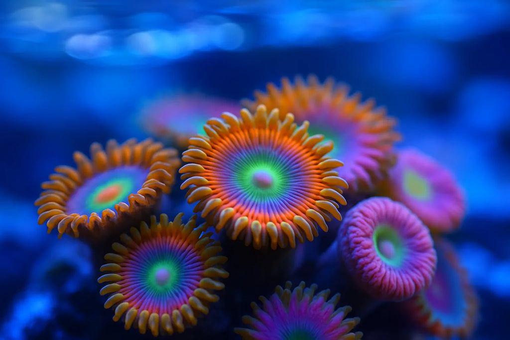 Cluster of colourful zoanthid polyps open under reef aquarium lighting