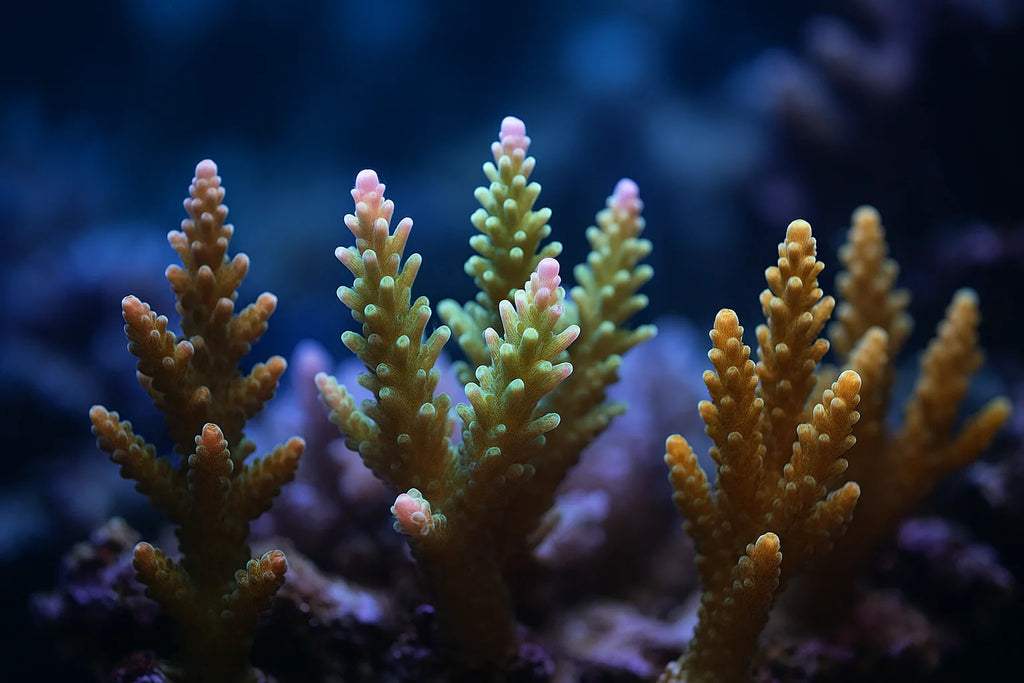Colourful branching Acropora coral colonies under reef lighting showing pink and green branch tips