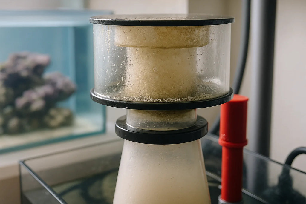 Close up of a protein skimmer neck and collection cup being cleaned with a bottle brush