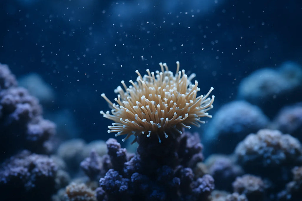 Close up of a coral polyp reaching toward a cloud of fine particulate food suspended in reef tank water