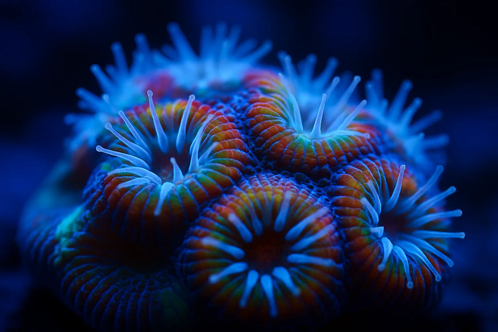 Close up of a multi coloured favites brain coral showing pineapple textured septa and extended feeding tentacles at night