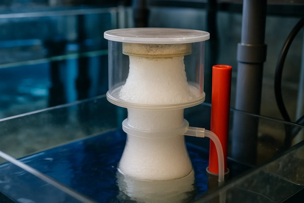 A compact protein skimmer running on the back of a marine aquarium with dry foam rising in the collection cup