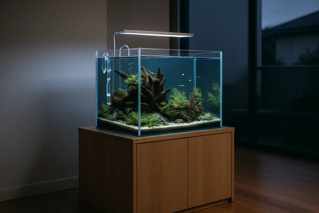 A sleek rimless aquarium sitting quietly in a modern apartment lounge room at dusk