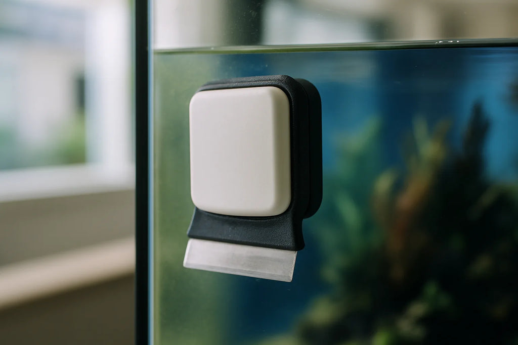A magnetic algae cleaner with a stainless blade head resting against an aquarium glass wall with light algae film