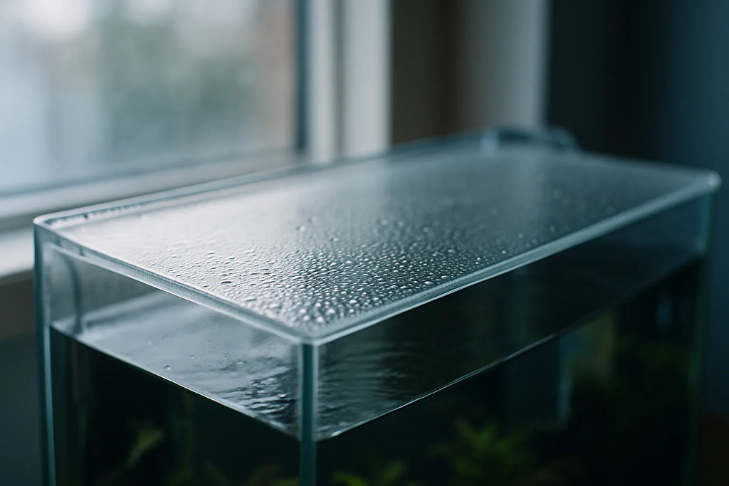 Close up of a glass aquarium lid with condensation droplets and light reflecting through them in a cool room