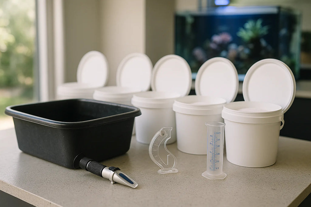 Buckets of reef salt mix beside a mixing tub with a refractometer and hydrometer on a workbench