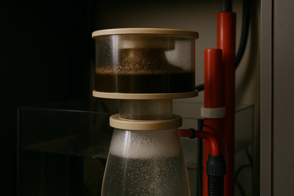A protein skimmer running inside a sump cabinet producing fine bubbles and skimmate foam