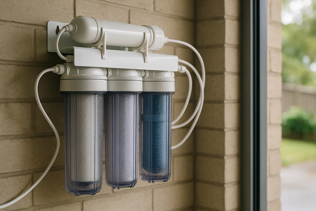 Four stage reverse osmosis unit with clear housings mounted on a garage wall with tubing running to a bucket