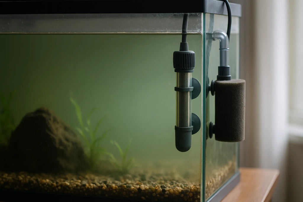 Cloudy green tinted aquarium water against a glass tank with algae building on the walls