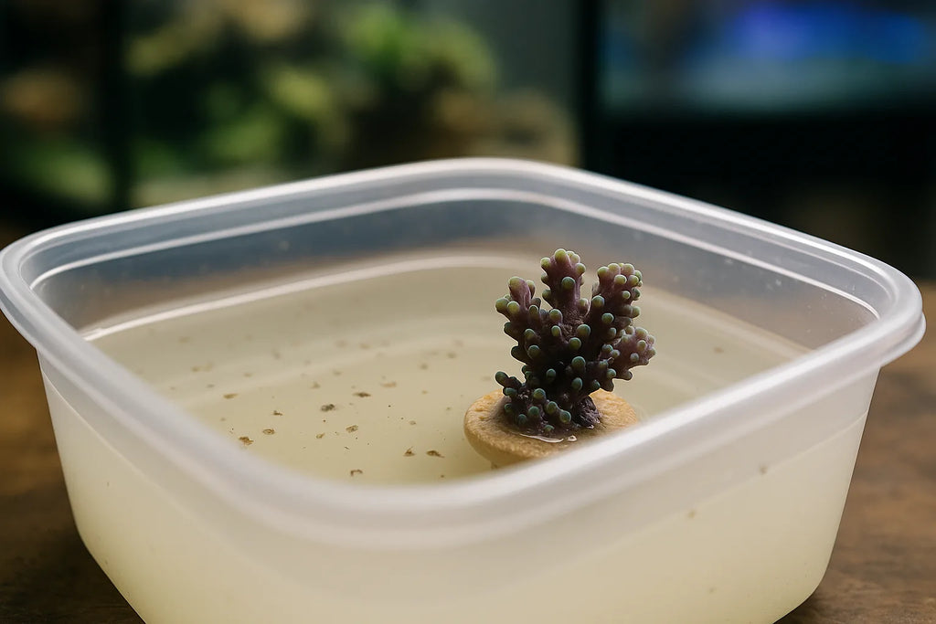 A coral frag submerged in a cloudy dip solution inside a small container, with dislodged pests visible in the water