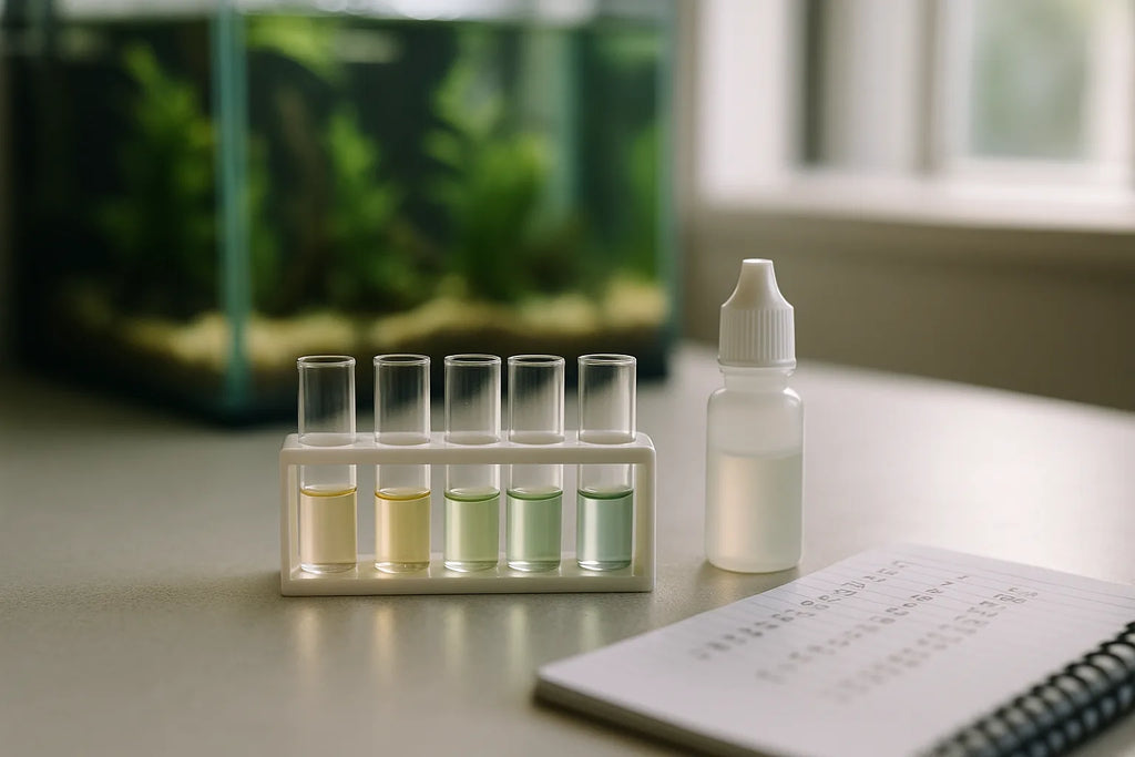 Aquarium test vials in a rack beside a reagent bottle and a written results log