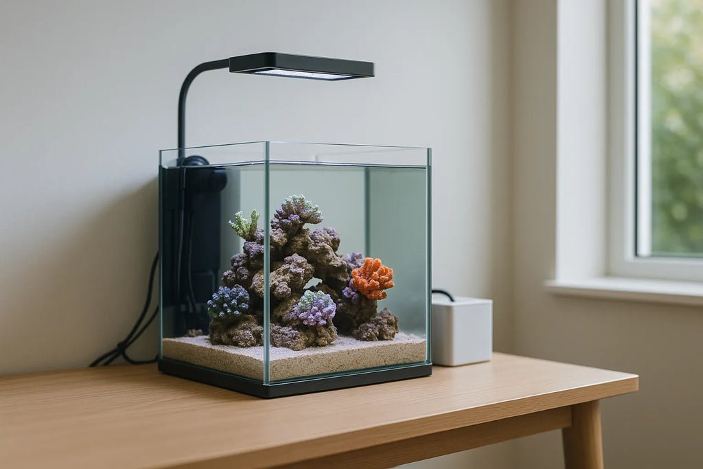 A small rimless nano reef aquarium on a desk with neat cabling and a discreet light arm