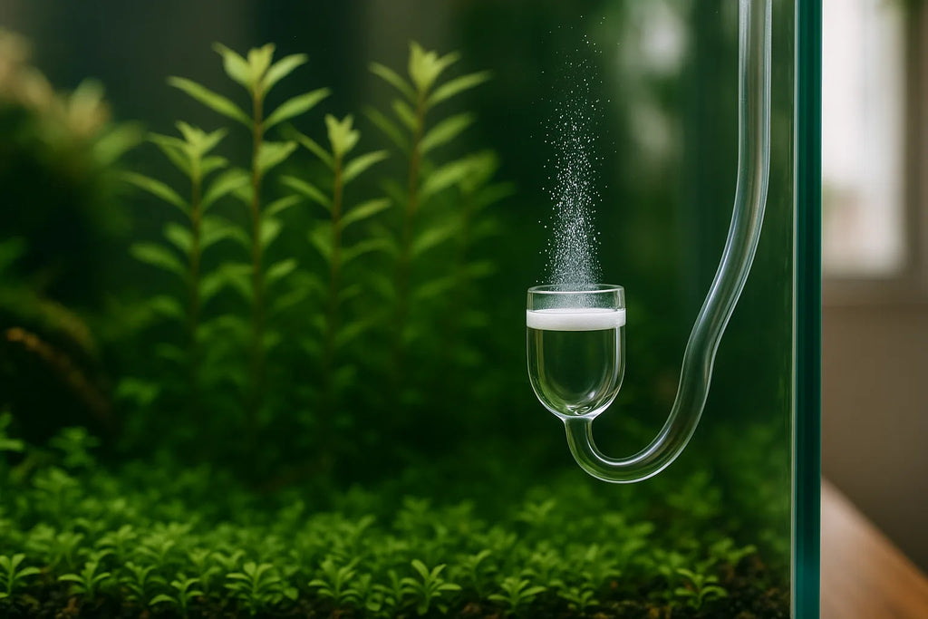 A planted aquarium with a glass CO2 diffuser releasing fine bubbles among green aquatic plants