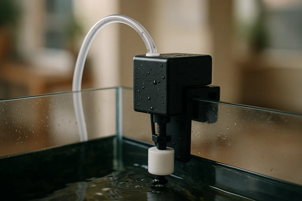 An auto top-off unit with float switch and pump tubing mounted beside a reef aquarium sump