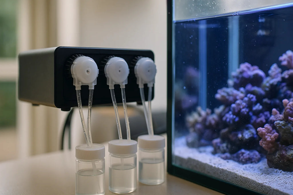 Close-up of a reef tank dosing pump setup with dosing containers and tubing beside a marine aquarium