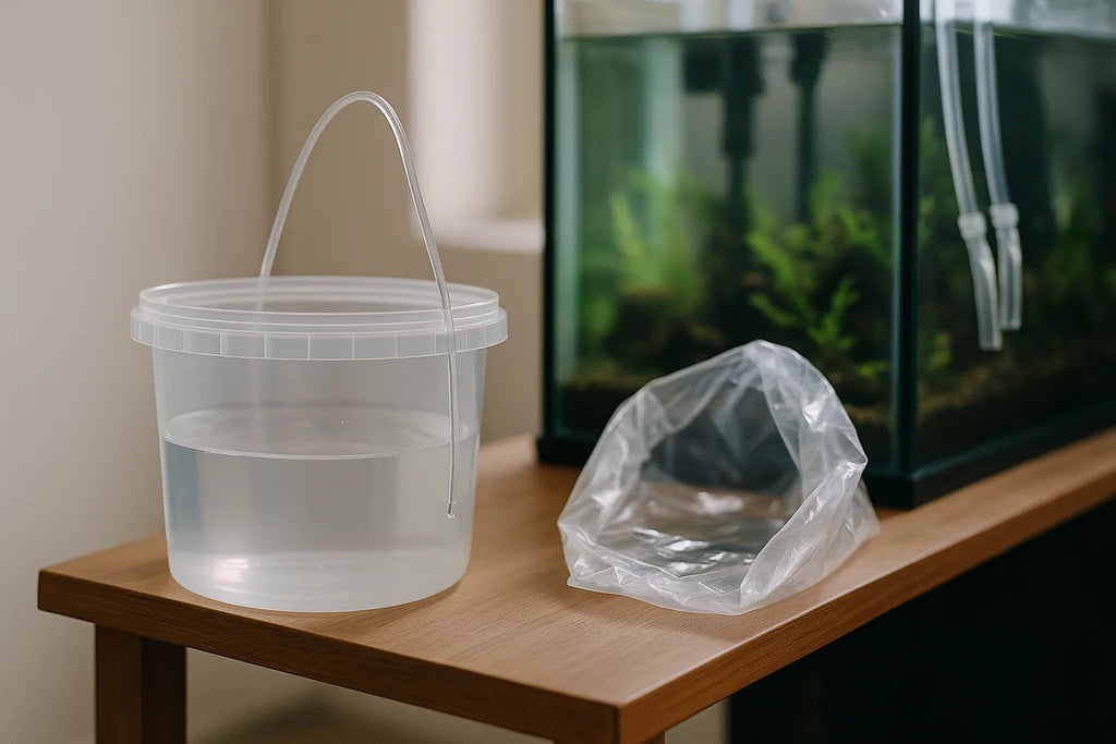 Clear plastic bucket with airline tubing dripping saltwater into it beside an open fish bag, on an aquarium stand