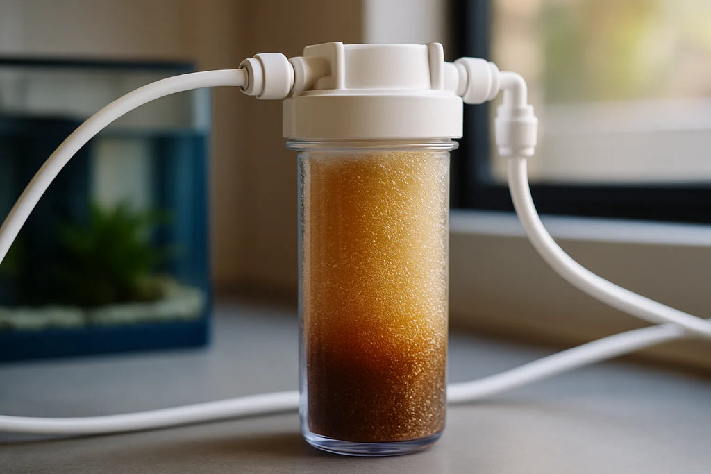 Close up of colour changing DI resin beads inside a clear RO/DI filter housing