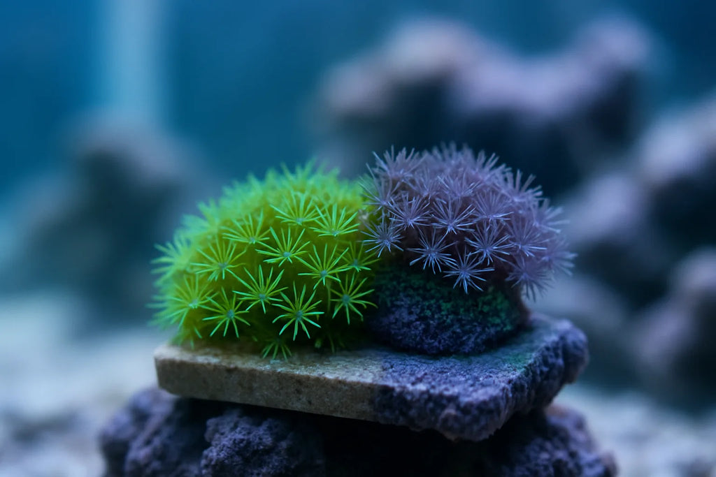 Green star polyps and choc mint Briareum coral spreading across a frag plug in a reef aquarium