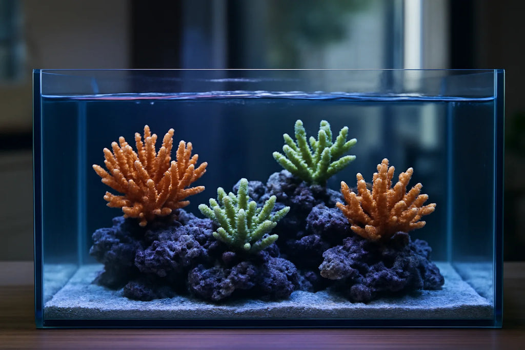 A reef tank glowing under blue LED light with colourful SPS coral colonies and visible water flow around the rockscape