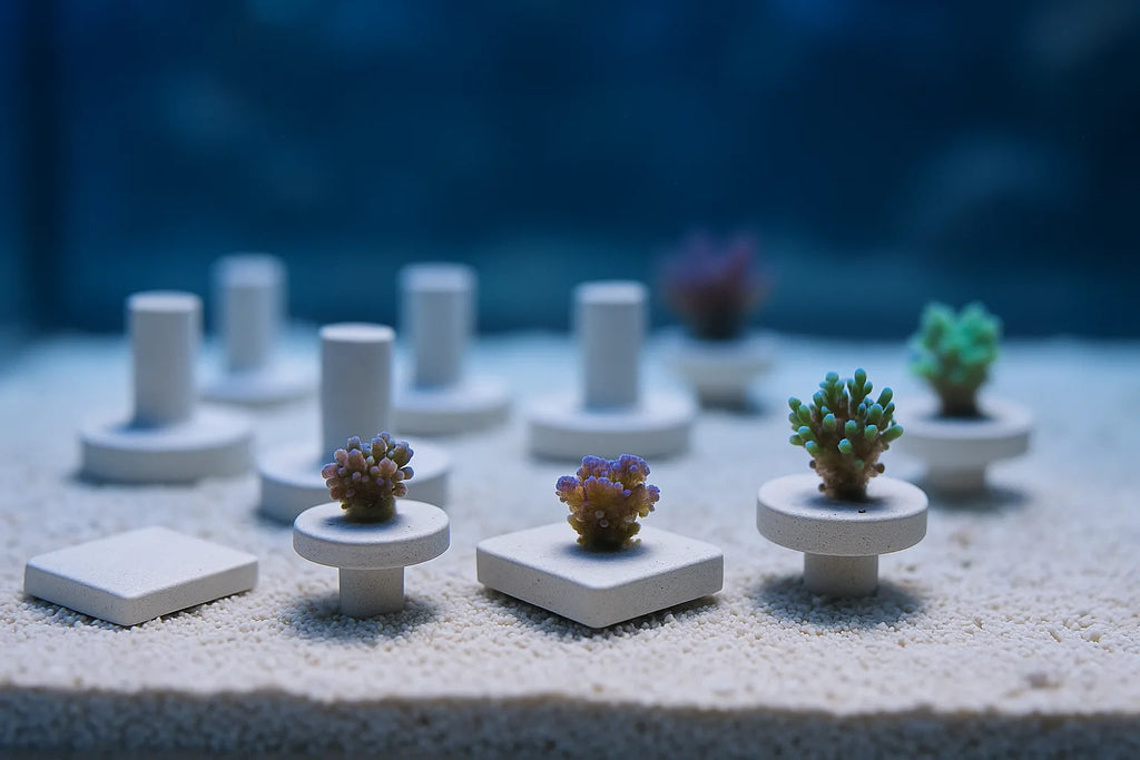 Assorted ceramic frag tiles and stemmed plugs arranged on a reef tank sandbed with small coral frags glued in place