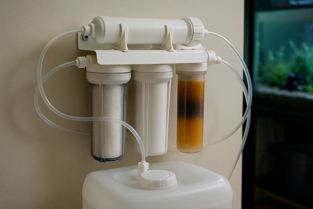 RO/DI filter housings with carbon block and colour changing resin cartridges mounted on a wall bracket with tubing running to a storage container