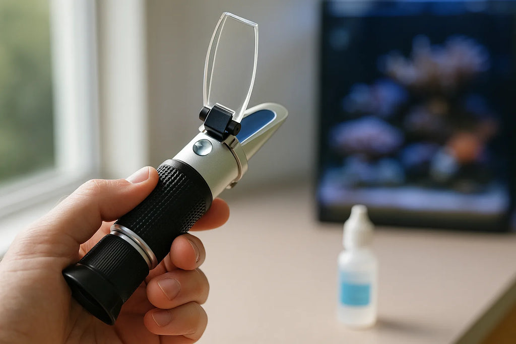 A hand holding a refractometer up to the light with a drop of fluid on the glass plate