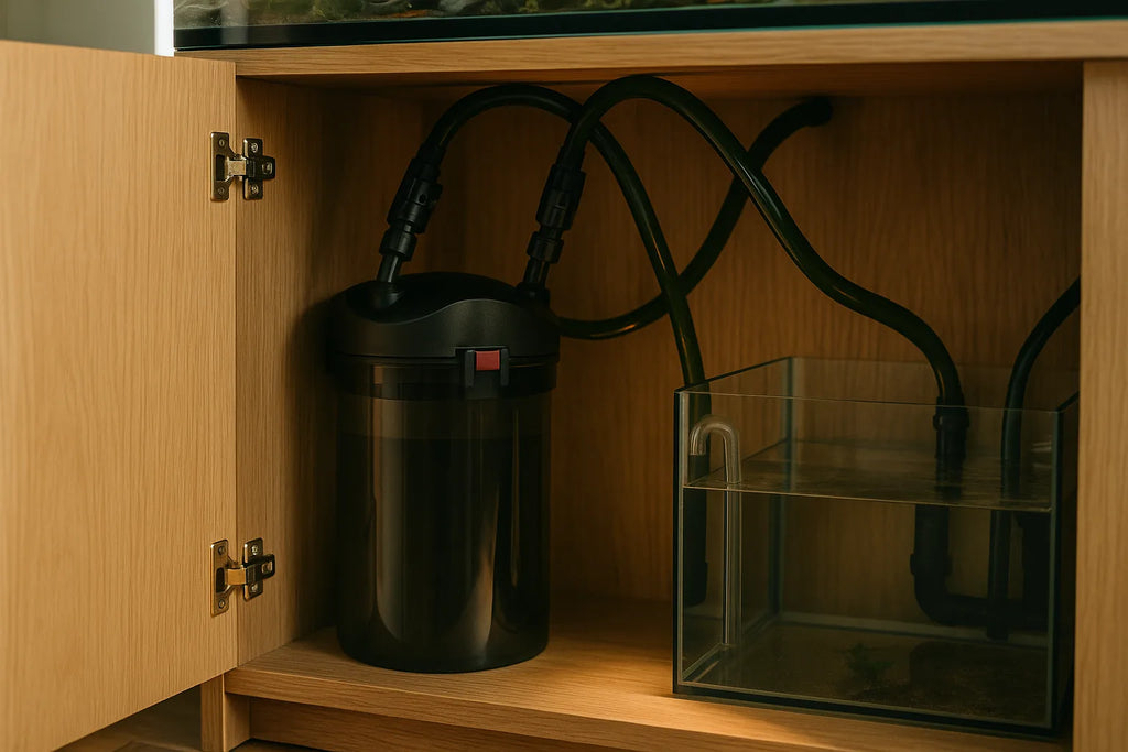 Three aquarium filtration setups shown side by side, a canister filter, a sump under a stand, and a hang on back filter mounted on glass