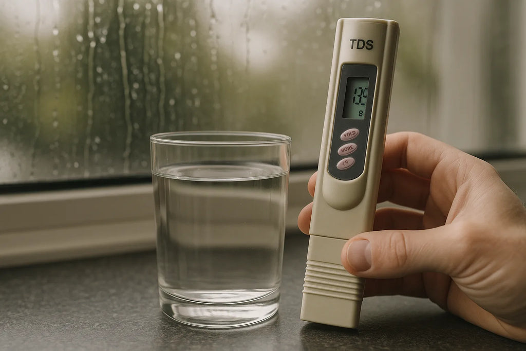 Close up of a TDS meter reading held next to a glass of tap water with rain visible on a window in the background