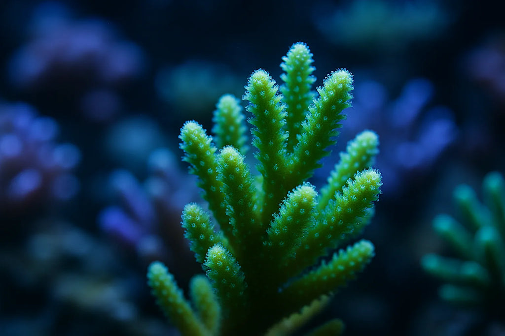 Green branching Pocillopora coral colony under reef aquarium lighting with visible polyp extension