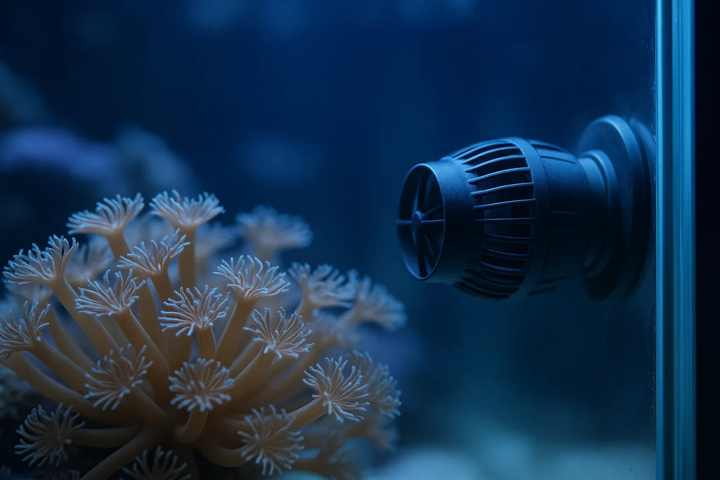 A reef aquarium with soft coral swaying in visible water current from a mounted wavemaker