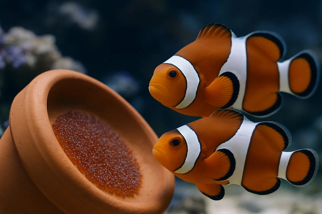 A bonded pair of clownfish hovering near a terracotta pot spawning site in a reef aquarium